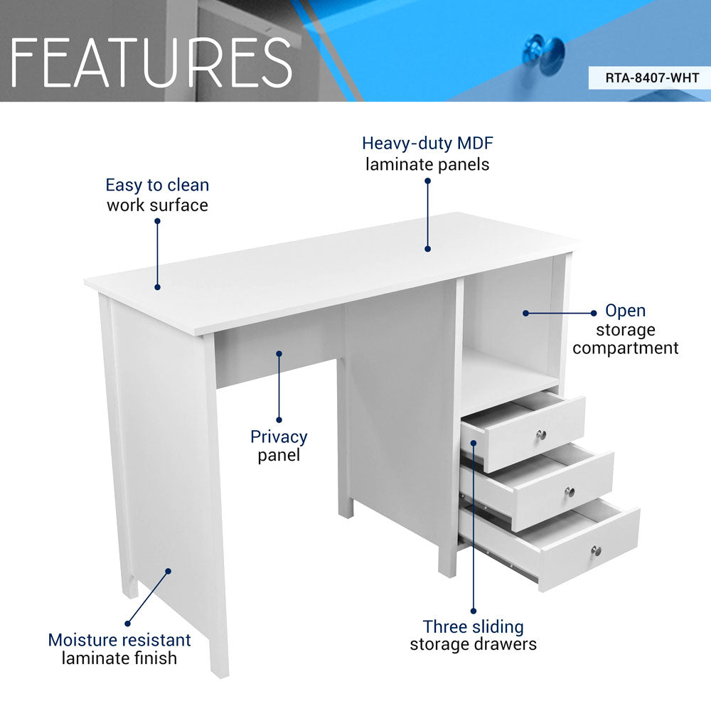 Modern White Desk - Small Wooden Computer Desk with 3 Storage