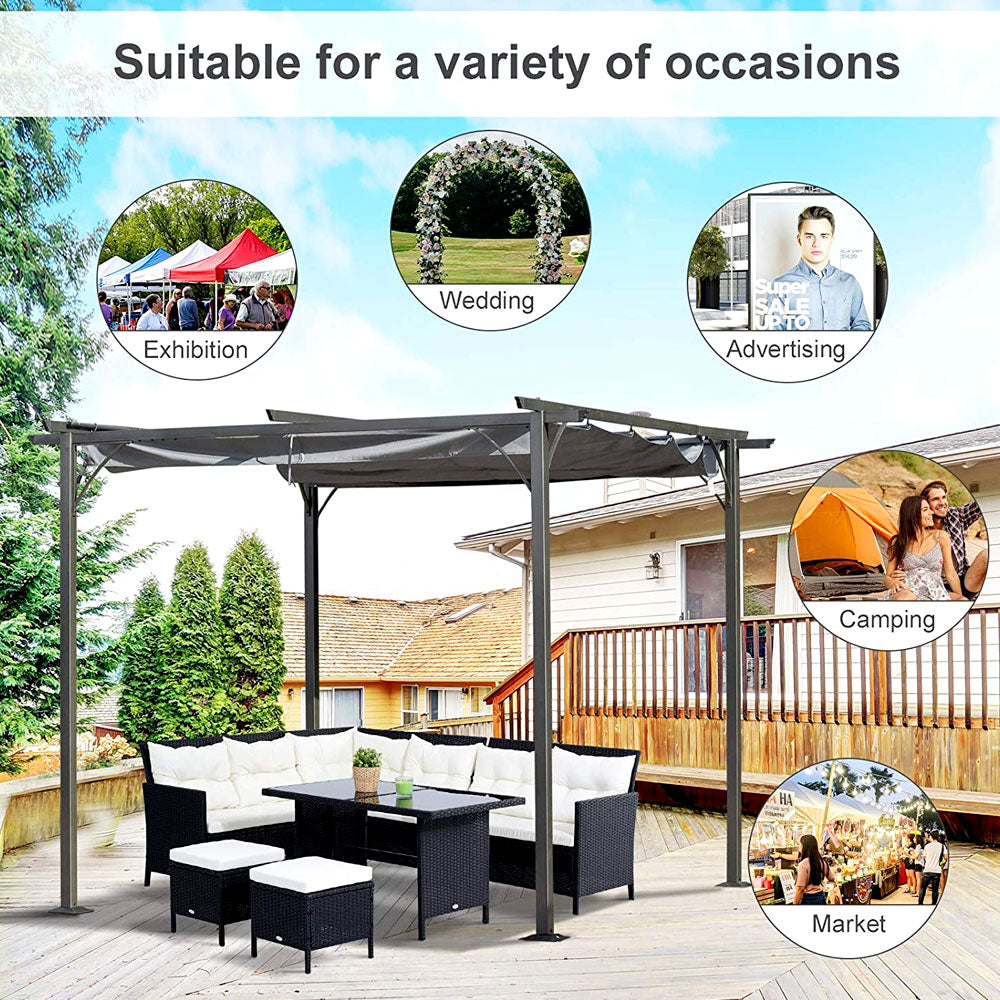 10’ x 10’ Retractable Patio Gazebo Pergola with UV Resistant Outdoor Canopy & Strong Steel Frame Pergola Outdoor Garden Pergola With Canopy