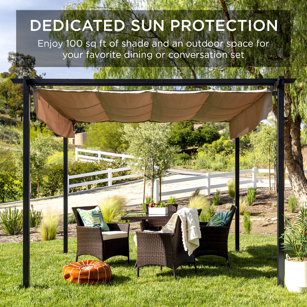 10’ x 10’ Retractable Patio Gazebo Pergola with UV Resistant Outdoor Canopy & Strong Steel Frame Pergola Outdoor Garden Pergola With Canopy