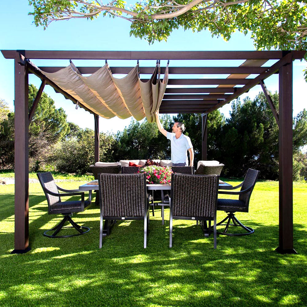 10’ x 10’ Retractable Patio Gazebo Pergola with UV Resistant Outdoor Canopy & Strong Steel Frame Pergola Outdoor Garden Pergola With Canopy