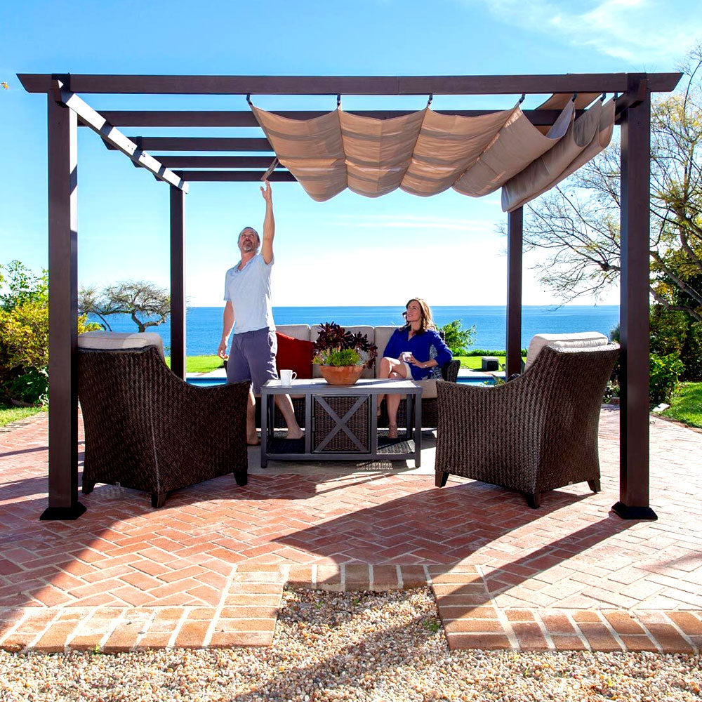 10’ x 10’ Retractable Patio Gazebo Pergola with UV Resistant Outdoor Canopy & Strong Steel Frame Pergola Outdoor Garden Pergola With Canopy