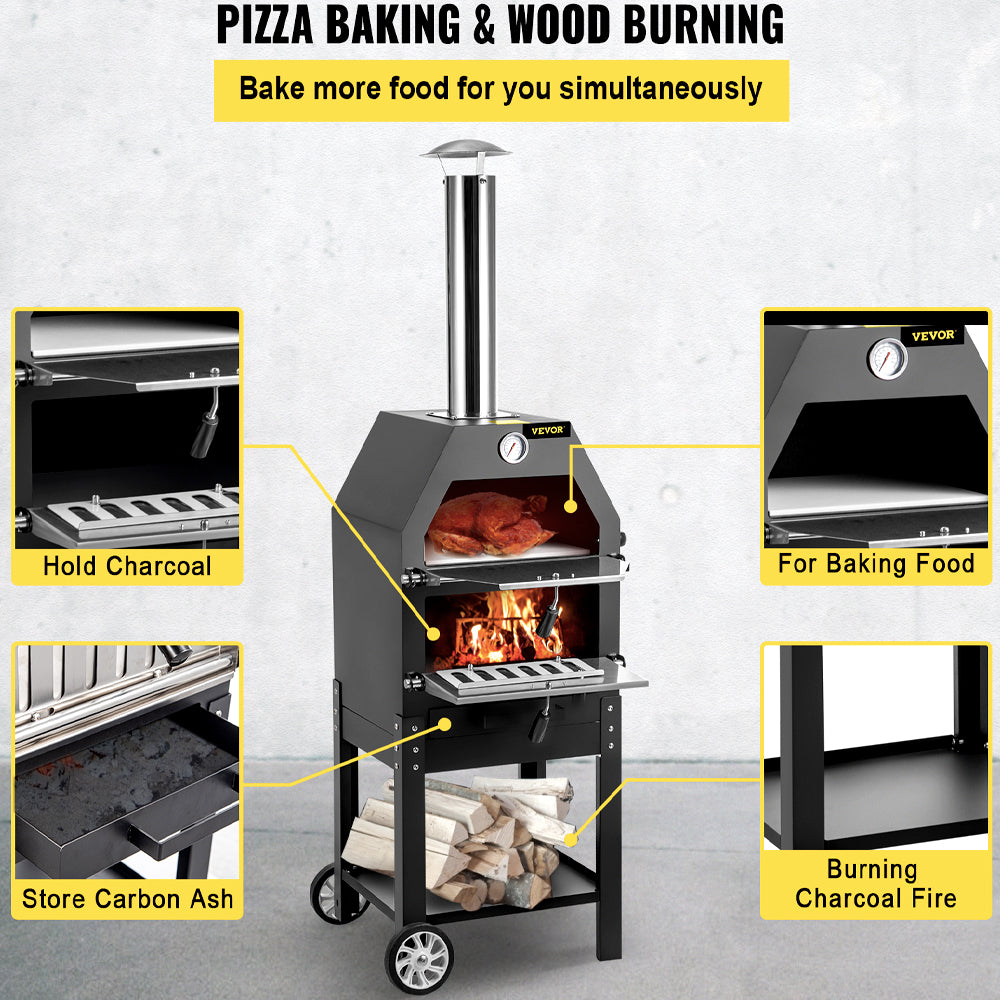 Outdoor Pizza Oven, 12" Wood Fire Oven, 2-Layer Pizza Oven Wood Fired, Wood Burning Outdoor Pizza Oven with 2 Removable Wheels Pizza Oven Outdoor Pizza Ovens Backyard Pizza Ovens Wood Pizza Ovens