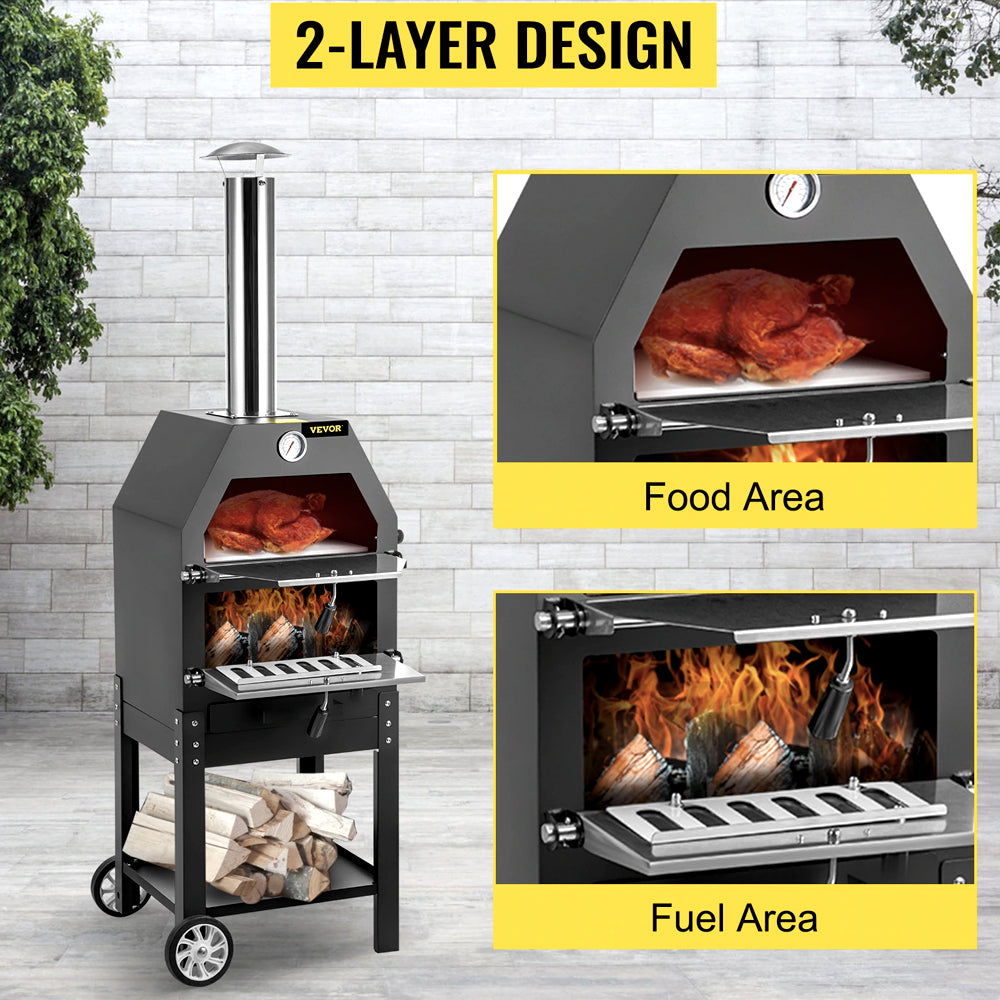 Outdoor Pizza Oven, 12" Wood Fire Oven, 2-Layer Pizza Oven Wood Fired, Wood Burning Outdoor Pizza Oven with 2 Removable Wheels Pizza Oven Outdoor Pizza Ovens Backyard Pizza Ovens Wood Pizza Ovens