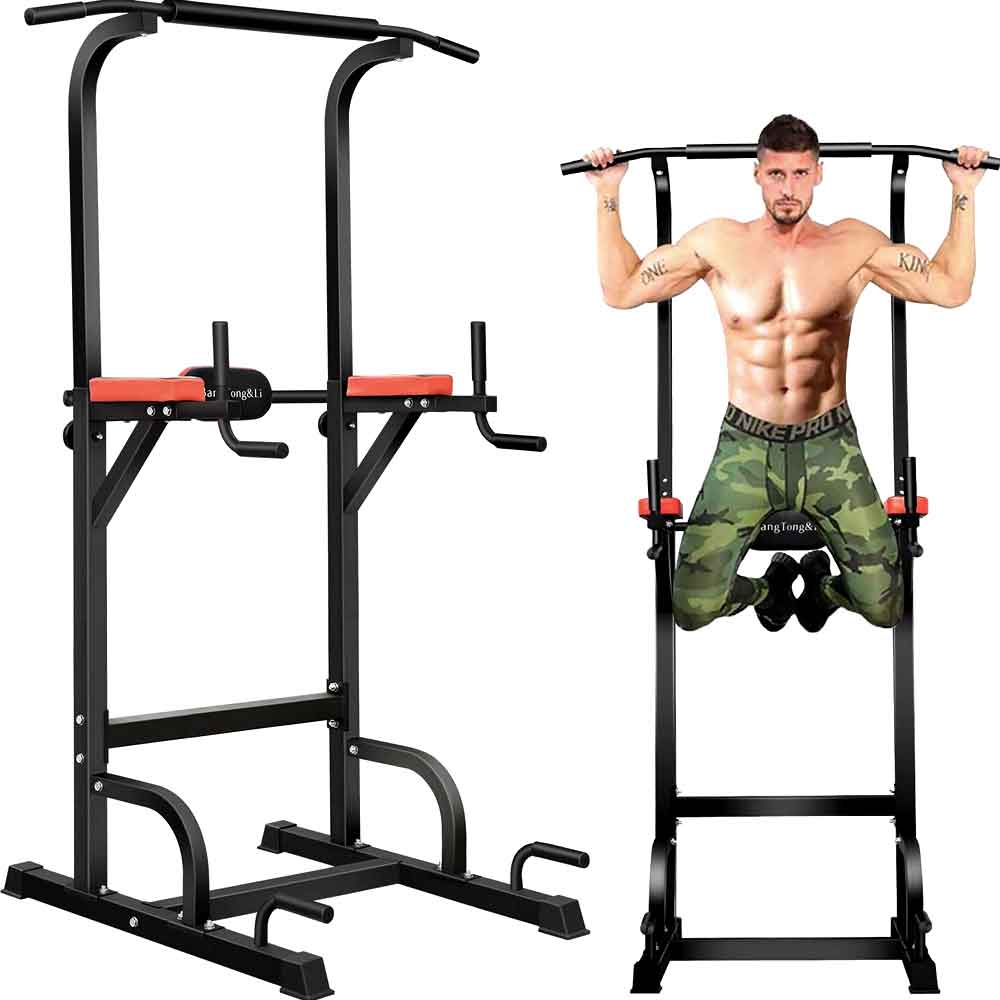 Power Rack 400 Lbs Multi-Functional Power Tower Cage with 4 Workout Stations Black Silver Red Workout Machine Home Gym Fitness