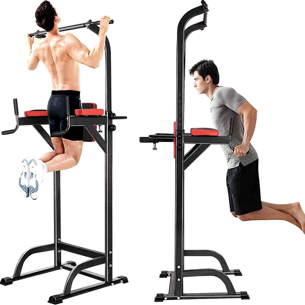 Power Rack 400 Lbs Multi-Functional Power Tower Cage with 4 Workout Stations Black Silver Red Workout Machine Home Gym Fitness