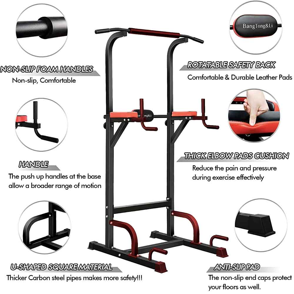 Power Rack 400 Lbs Multi-Functional Power Tower Cage with 4 Workout Stations Black Silver Red Workout Machine Home Gym Fitness
