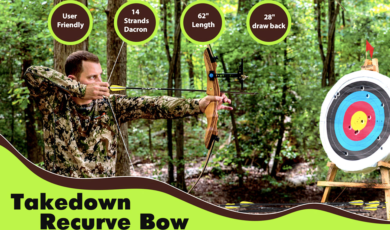 62" Wooden Archery Hunting Takedown Recurve Bow and Arrow Set for Adult & Youth Beginner 15-60lb - Right & Left handed Wooden Bows And Arrows