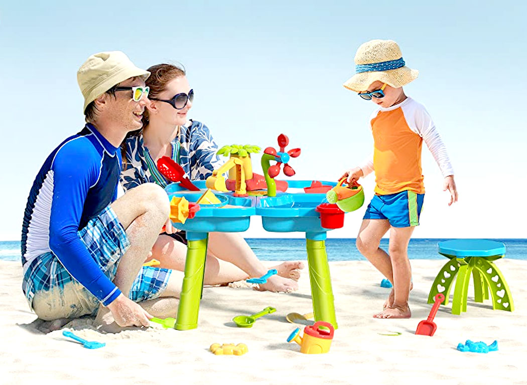 4-in-1 Sand Water Table, 32PCS Sandbox Table with Beach Sand Water Toy, Kids Activity Sensory Play Table Summer Outdoor Toys for Toddler Boys Girls Color Sandbox Sand Box Water Table for Kids