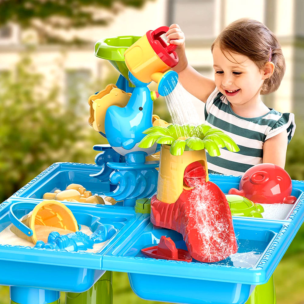 4-in-1 Sand Water Table, 32PCS Sandbox Table with Beach Sand Water Toy, Kids Activity Sensory Play Table Summer Outdoor Toys for Toddler Boys Girls Color Sandbox Sand Box Water Table for Kids