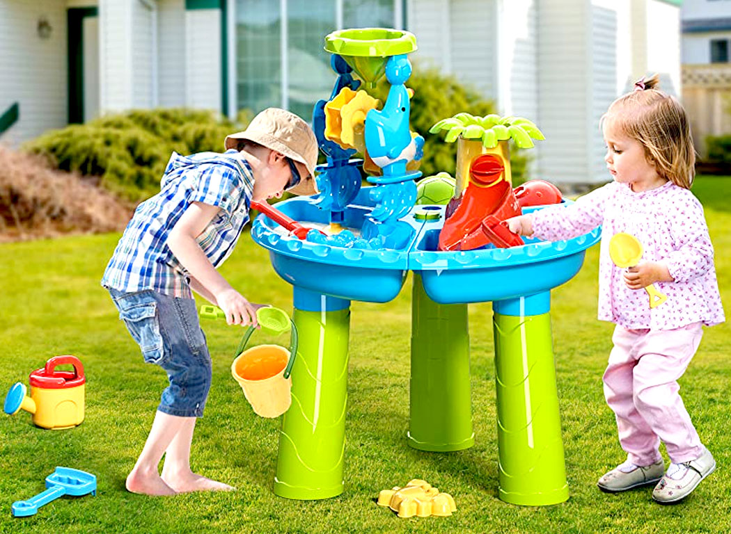4-in-1 Sand Water Table, 32PCS Sandbox Table with Beach Sand Water Toy, Kids Activity Sensory Play Table Summer Outdoor Toys for Toddler Boys Girls Color Sandbox Sand Box Water Table for Kids