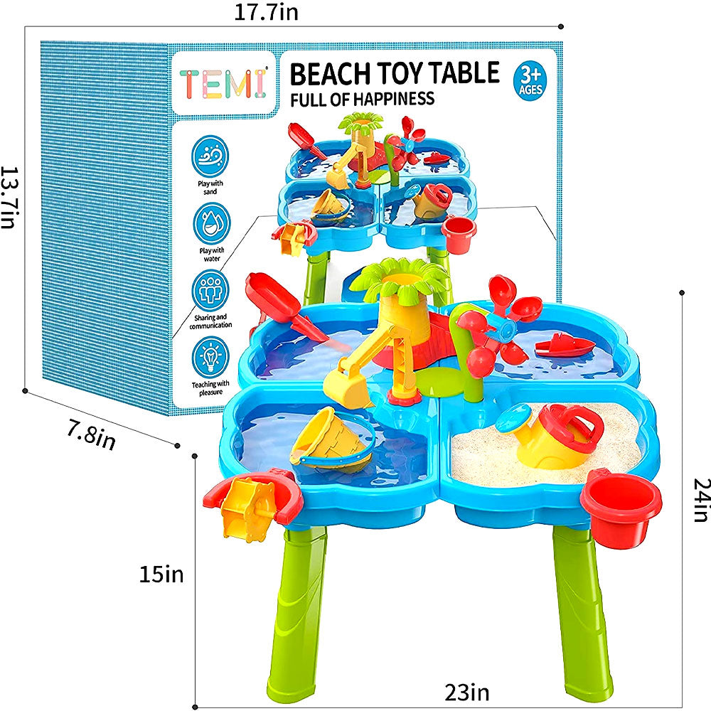 4-in-1 Sand Water Table, 32PCS Sandbox Table with Beach Sand Water Toy, Kids Activity Sensory Play Table Summer Outdoor Toys for Toddler Boys Girls Color Sandbox Sand Box Water Table for Kids