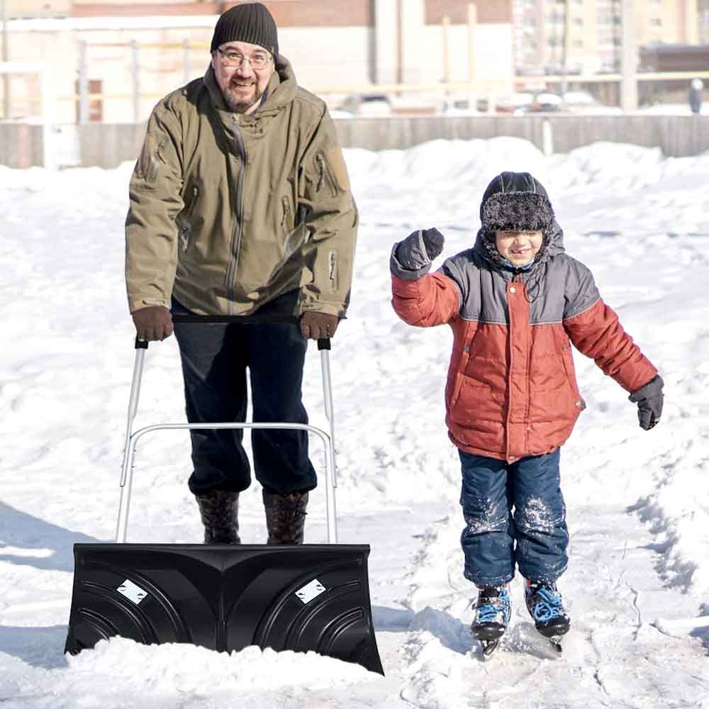 Heavy Duty Rolling 26'' Snow Pusher Shovel Reversible Blade With 6" Wheels Metal Black Snow Pusher Shovel