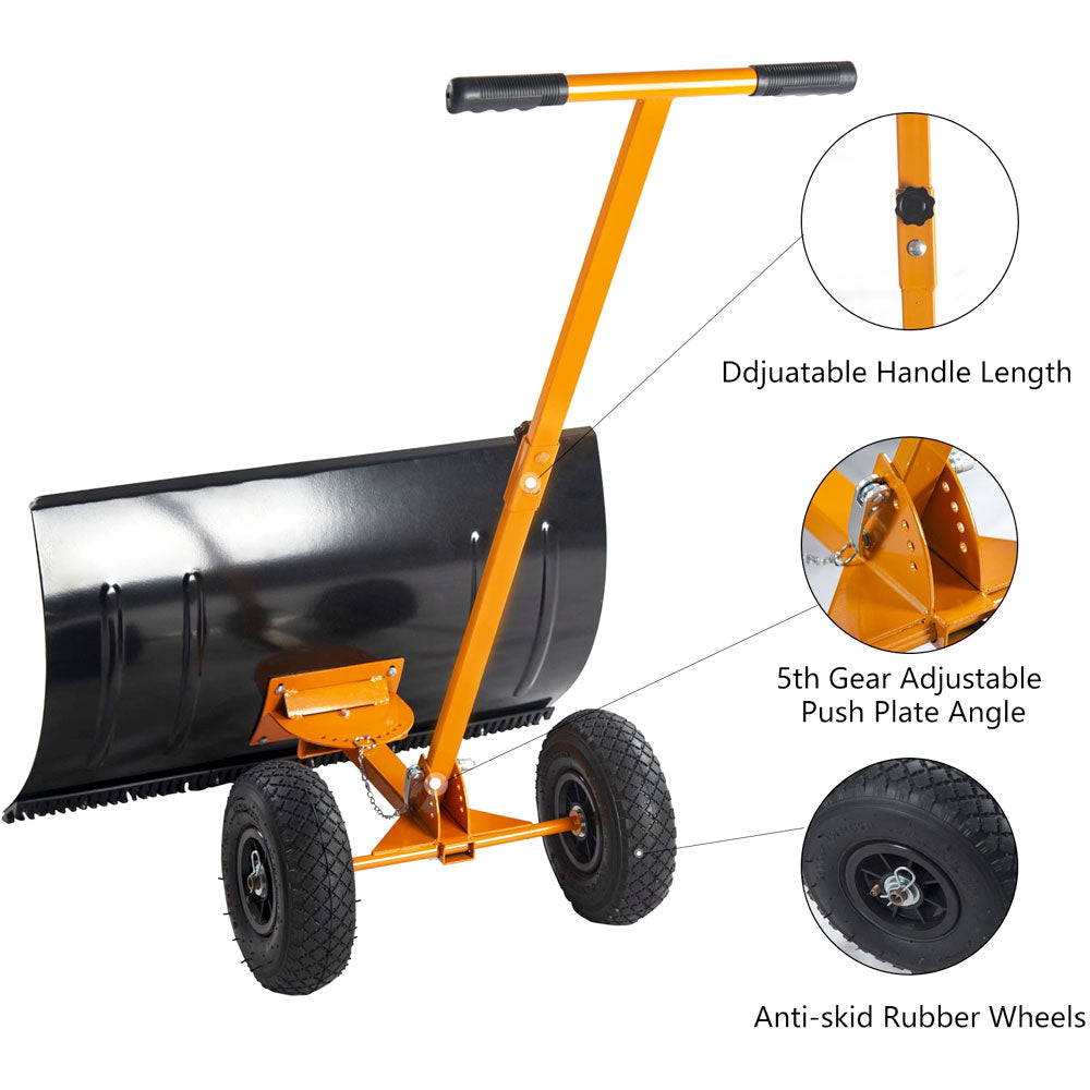 Snow Shovels Steel - Adjustable 29" Snow Plow Pusher with 10" Rubber Wheel Yellow Snow Shovel Heavy Duty Snow Pusher Orange