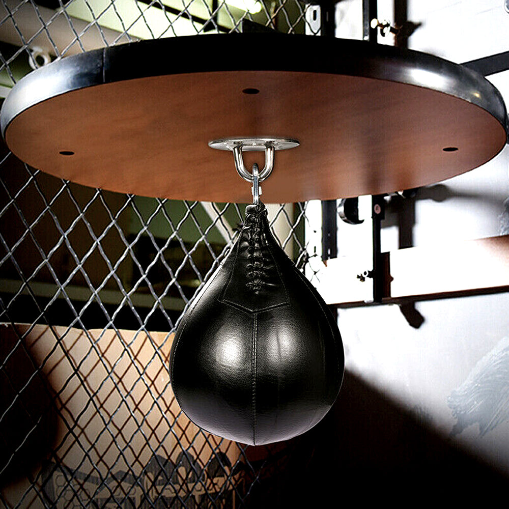 Leather Boxing Speed Bag Platform Punching Ball With Adjustable Stand black Red Wood Steel