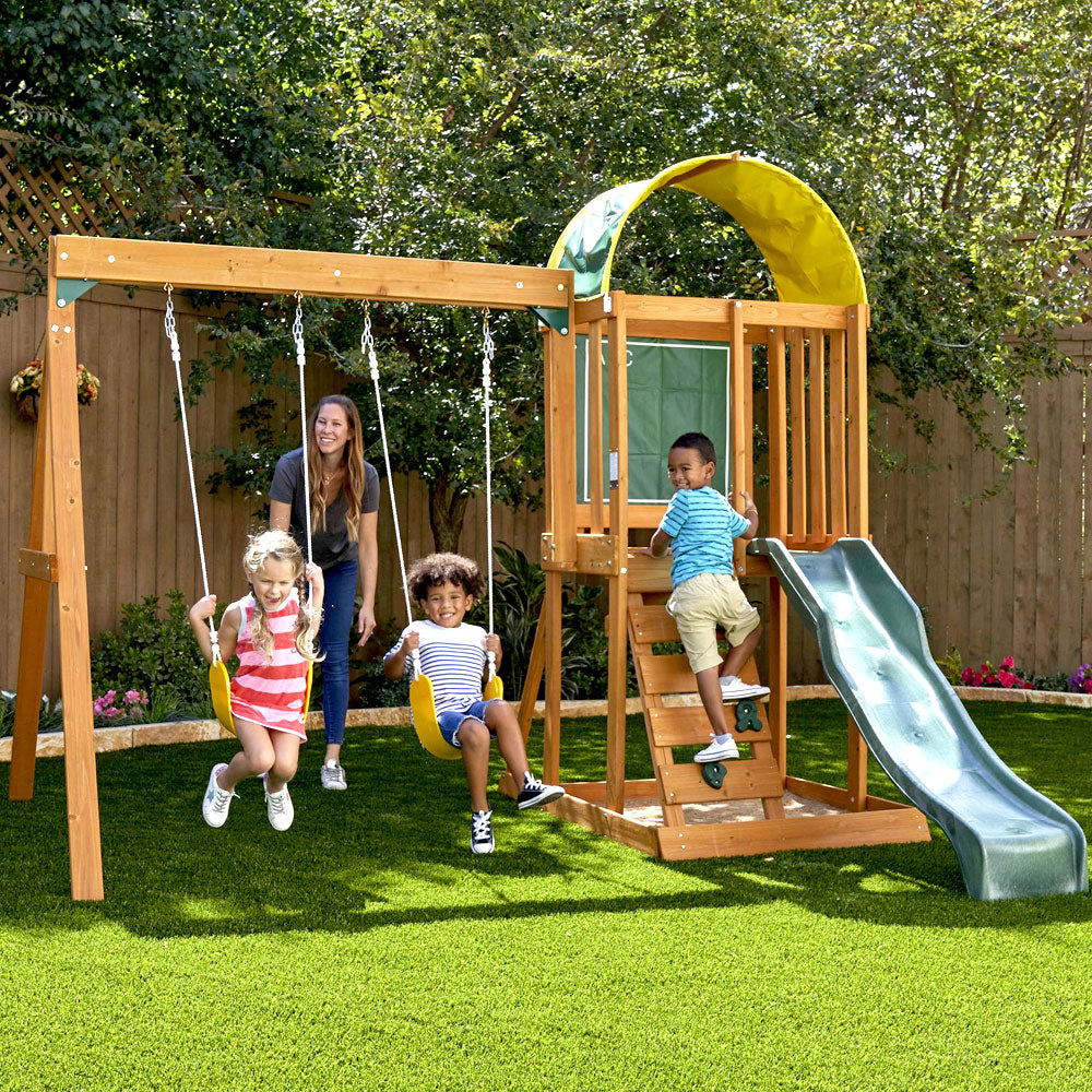 Wooden Outdoor Swing Set with Slide, Chalk Wall, Canopy and Rock Wall. Outdoor Playground Play Set For Backyards Wooden Playset Swing Sets Slide Set Playgrounds for Backyards Play Sets Outdoor