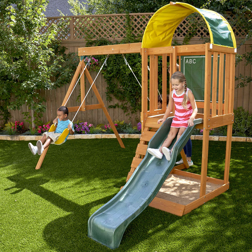 Wooden Outdoor Swing Set with Slide, Chalk Wall, Canopy and Rock Wall. Outdoor Playground Play Set For Backyards Wooden Playset Swing Sets Slide Set Playgrounds for Backyards Play Sets Outdoor