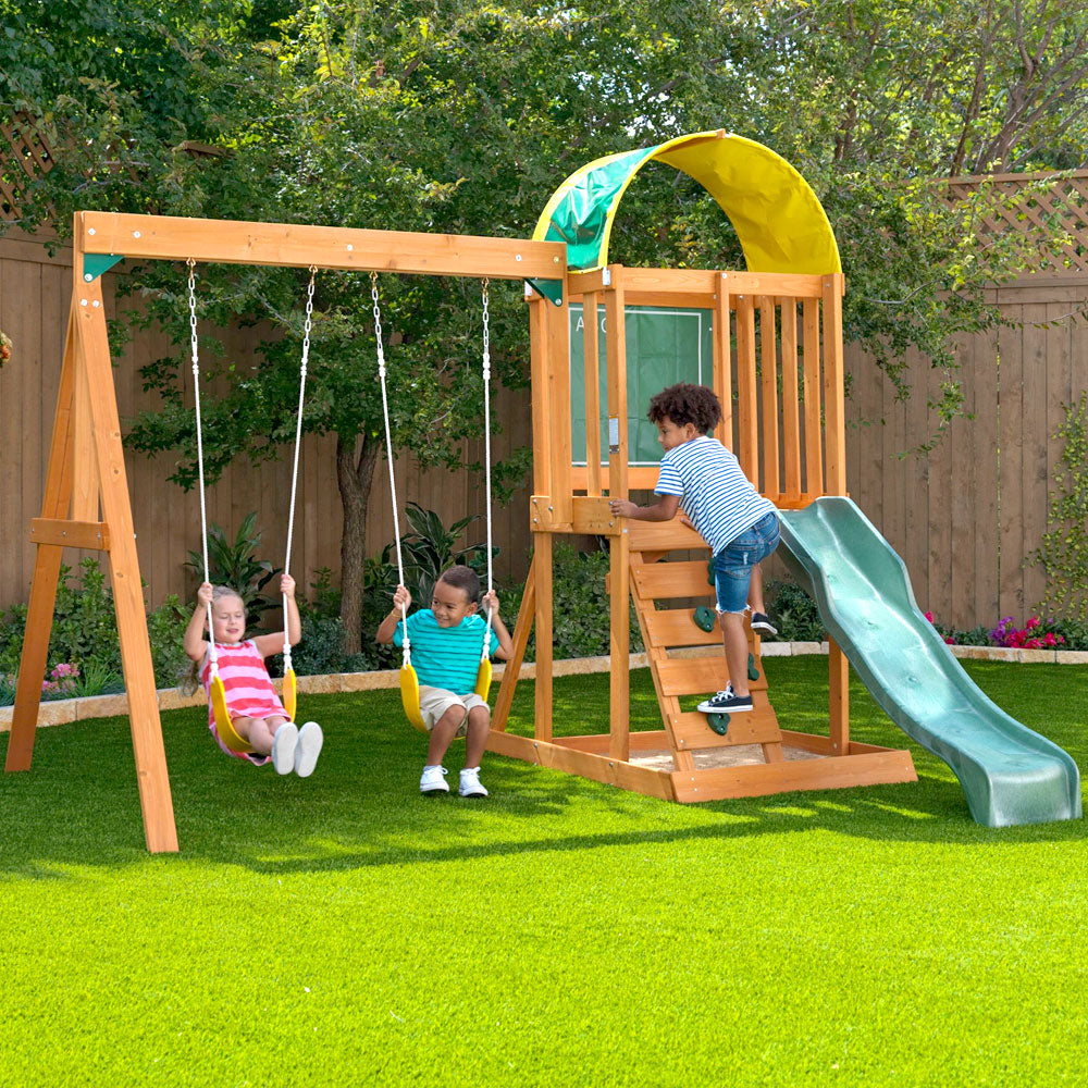 Wooden Outdoor Swing Set with Slide, Chalk Wall, Canopy and Rock Wall. Outdoor Playground Play Set For Backyards Wooden Playset Swing Sets Slide Set Playgrounds for Backyards Play Sets Outdoor