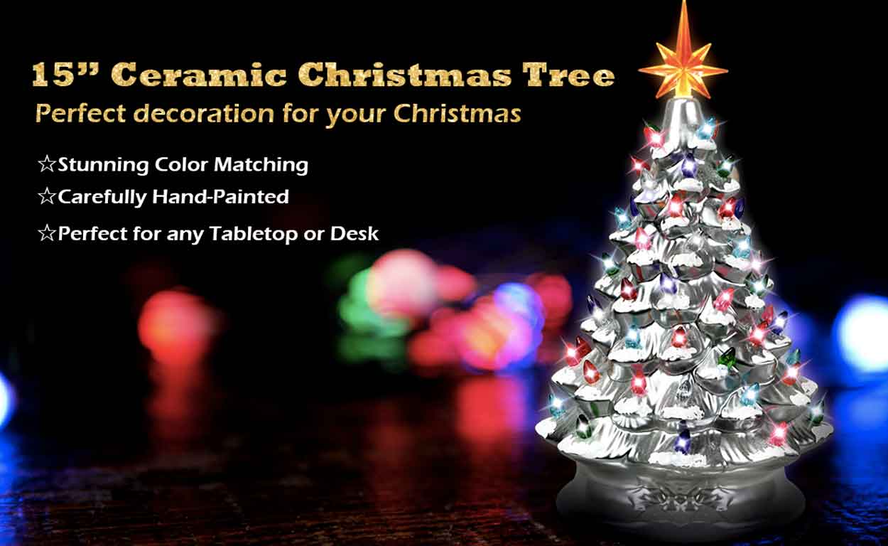 15in Lit Ceramic Hand Painted Decor Tabletop Christmas Tree With Lights Gold Green Silver Led ceramic