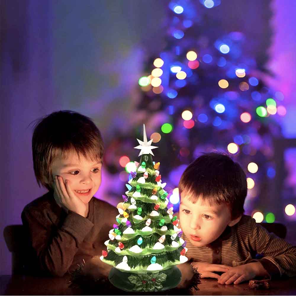 15in Lit Ceramic Hand Painted Decor Tabletop Christmas Tree With Lights Gold Green Silver Led ceramic