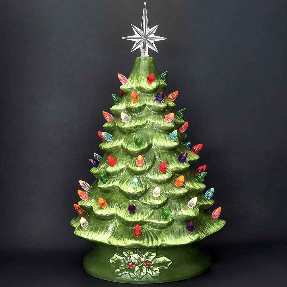 15in Lit Ceramic Hand Painted Decor Tabletop Christmas Tree With Lights Gold Green Silver Led ceramic