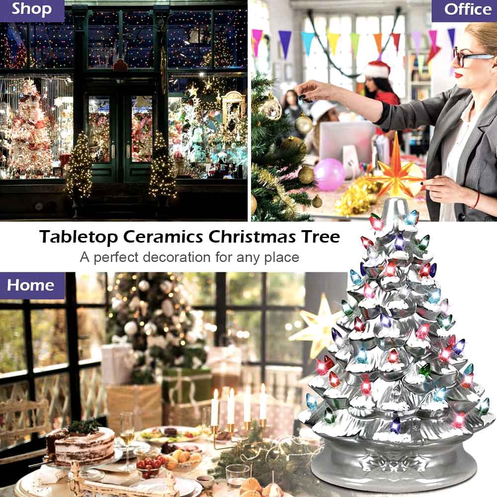 15in Lit Ceramic Hand Painted Decor Tabletop Christmas Tree With Lights Gold Green Silver Led ceramic
