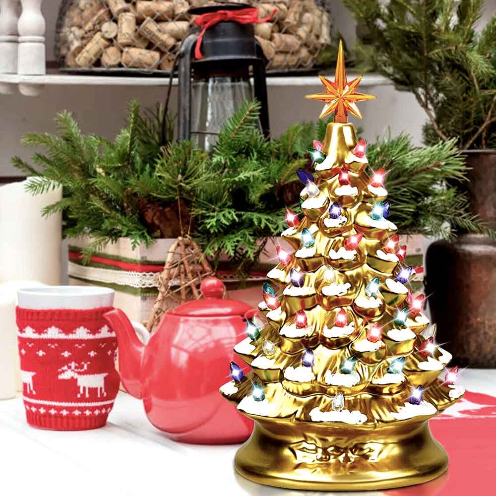 15in Lit Ceramic Hand Painted Decor Tabletop Christmas Tree With Lights Gold Green Silver Led ceramic