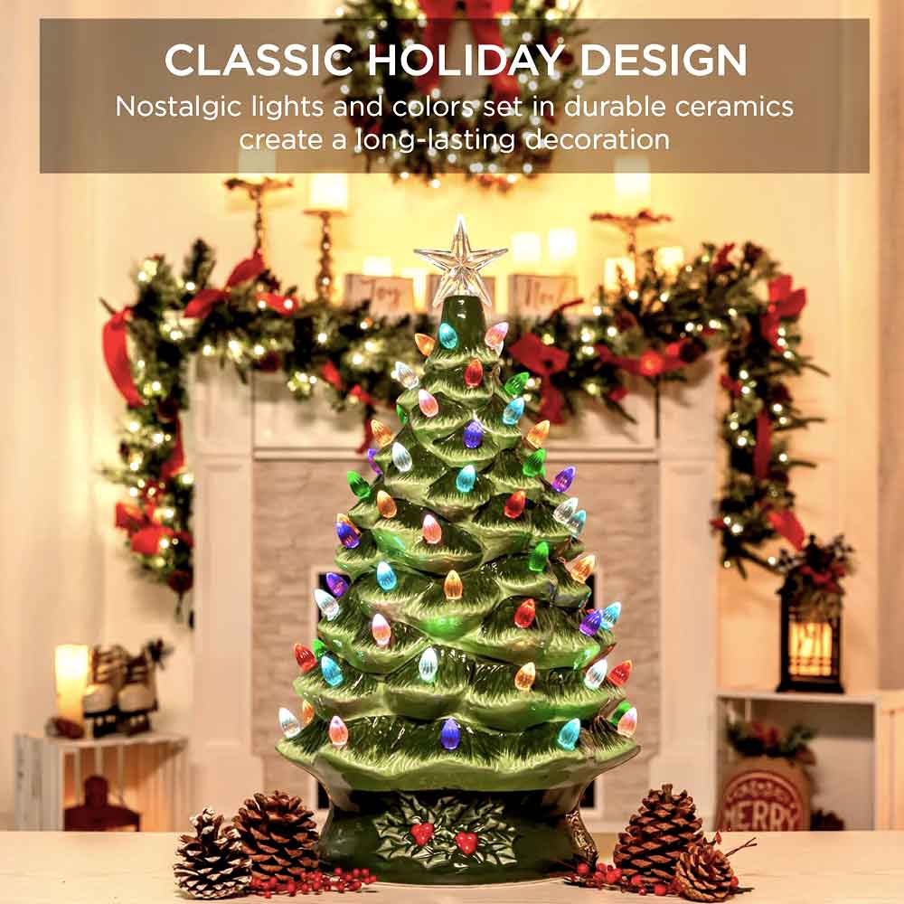 15in Lit Ceramic Hand Painted Decor Tabletop Christmas Tree With Lights Gold Green Silver Led ceramic