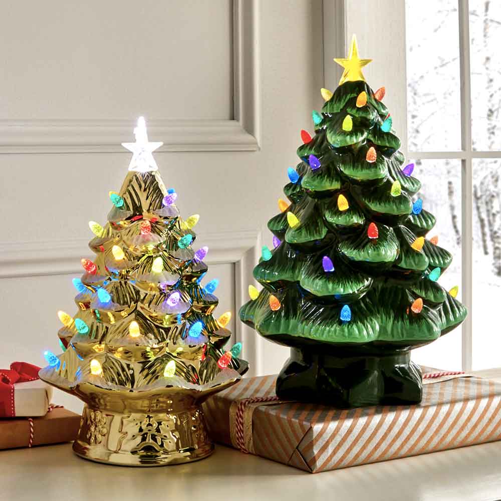 15in Lit Ceramic Hand Painted Decor Tabletop Christmas Tree With Lights Gold Green Silver Led ceramic