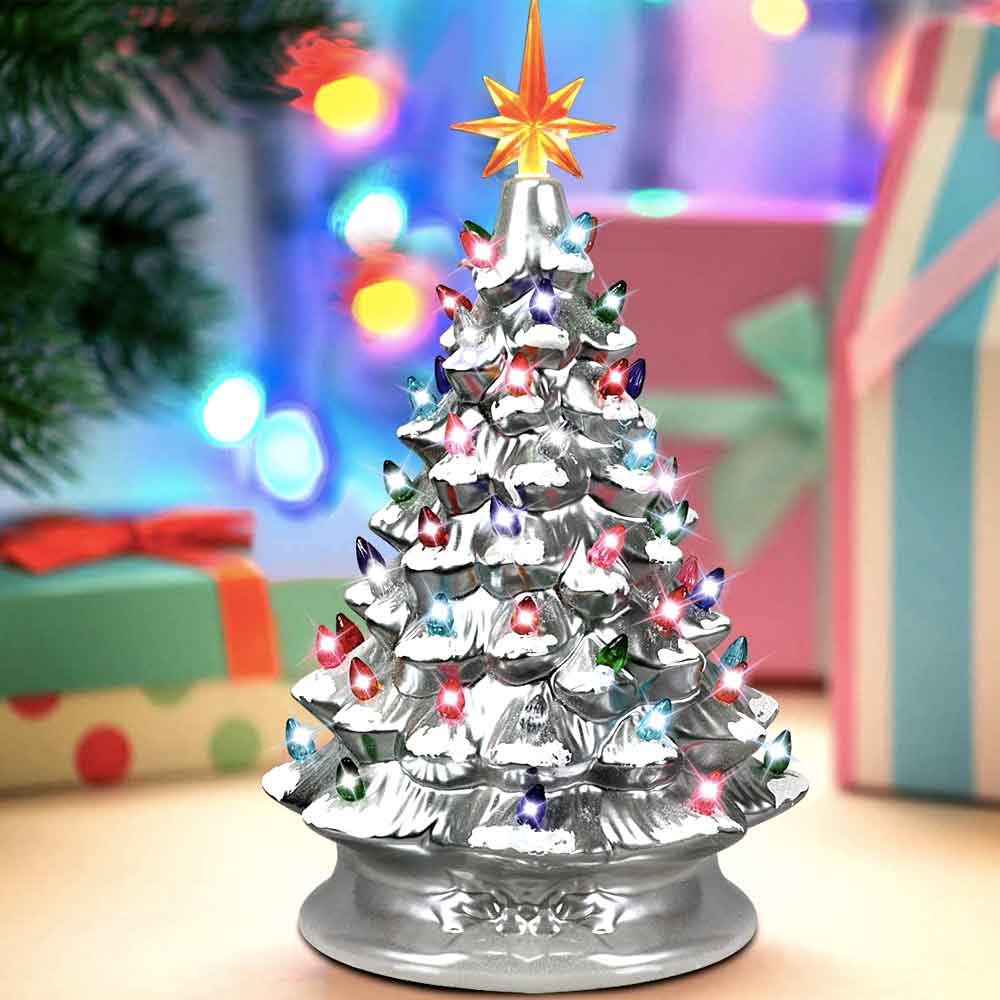 15in Lit Ceramic Hand Painted Decor Tabletop Christmas Tree With Lights Gold Green Silver Led ceramic