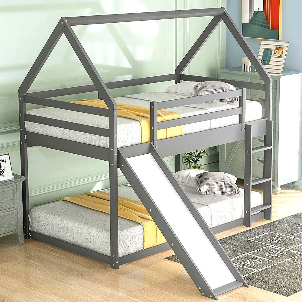 Twin Bunk Bed with Slide and Ladder, Loft Beds Frame with Roof and Guardrail, for Kids Boys and Girls, White Or Gray Bunkbed For Kids With Slide Heavy Duty Twin Loft Bed Full Size House Bed For Children Boys And Girls