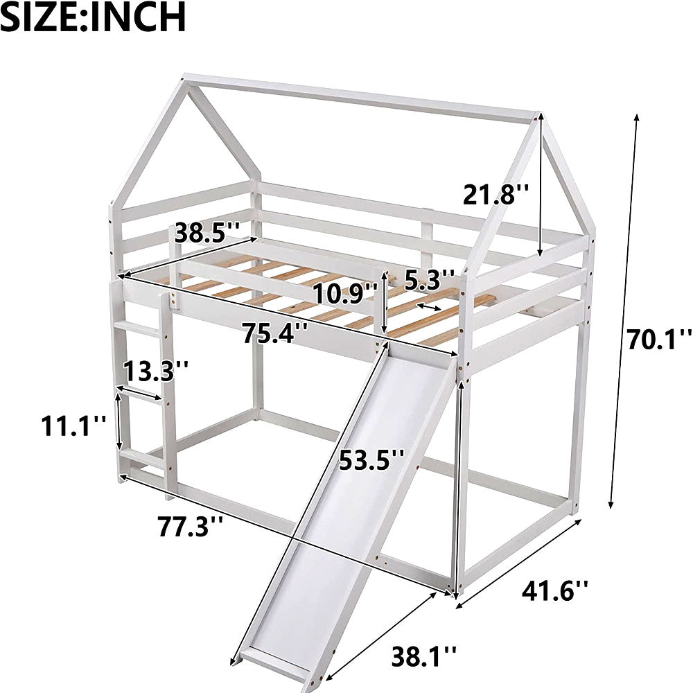 Twin Bunk Bed with Slide and Ladder, Loft Beds Frame with Roof and Guardrail, for Kids Boys and Girls, White Or Gray Bunkbed For Kids With Slide Heavy Duty Twin Loft Bed Full Size House Bed For Children Boys And Girls