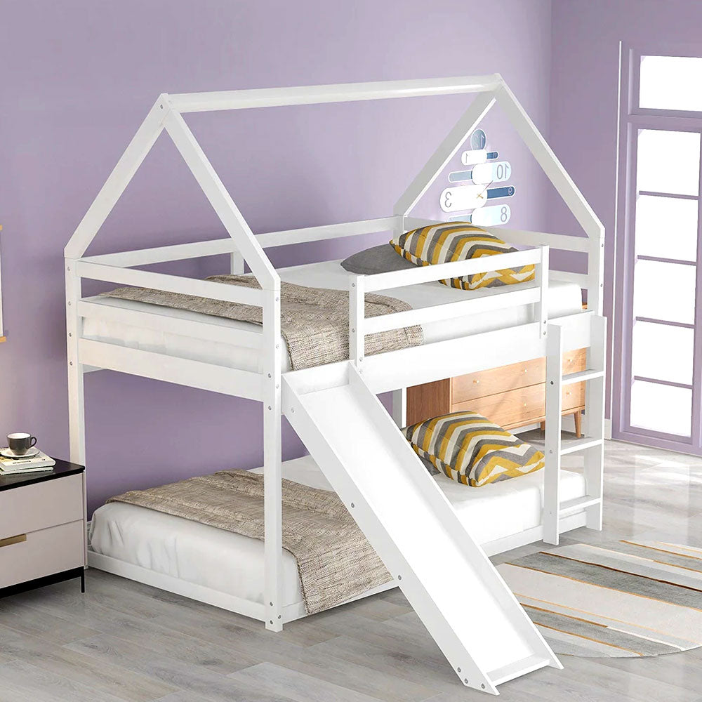 Twin Bunk Bed with Slide and Ladder, Loft Beds Frame with Roof and Guardrail, for Kids Boys and Girls, White Or Gray Bunkbed For Kids With Slide Heavy Duty Twin Loft Bed Full Size House Bed For Children Boys And Girls