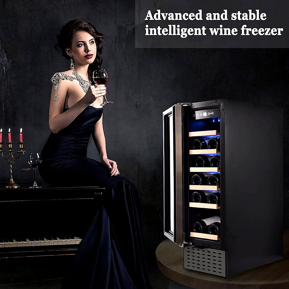 12" Wine Cooler 18 Bottle Stainless Steel Fridge Chiller With Digital Temperature display Champagne Beverage Cooling Refrigerator Black Silver