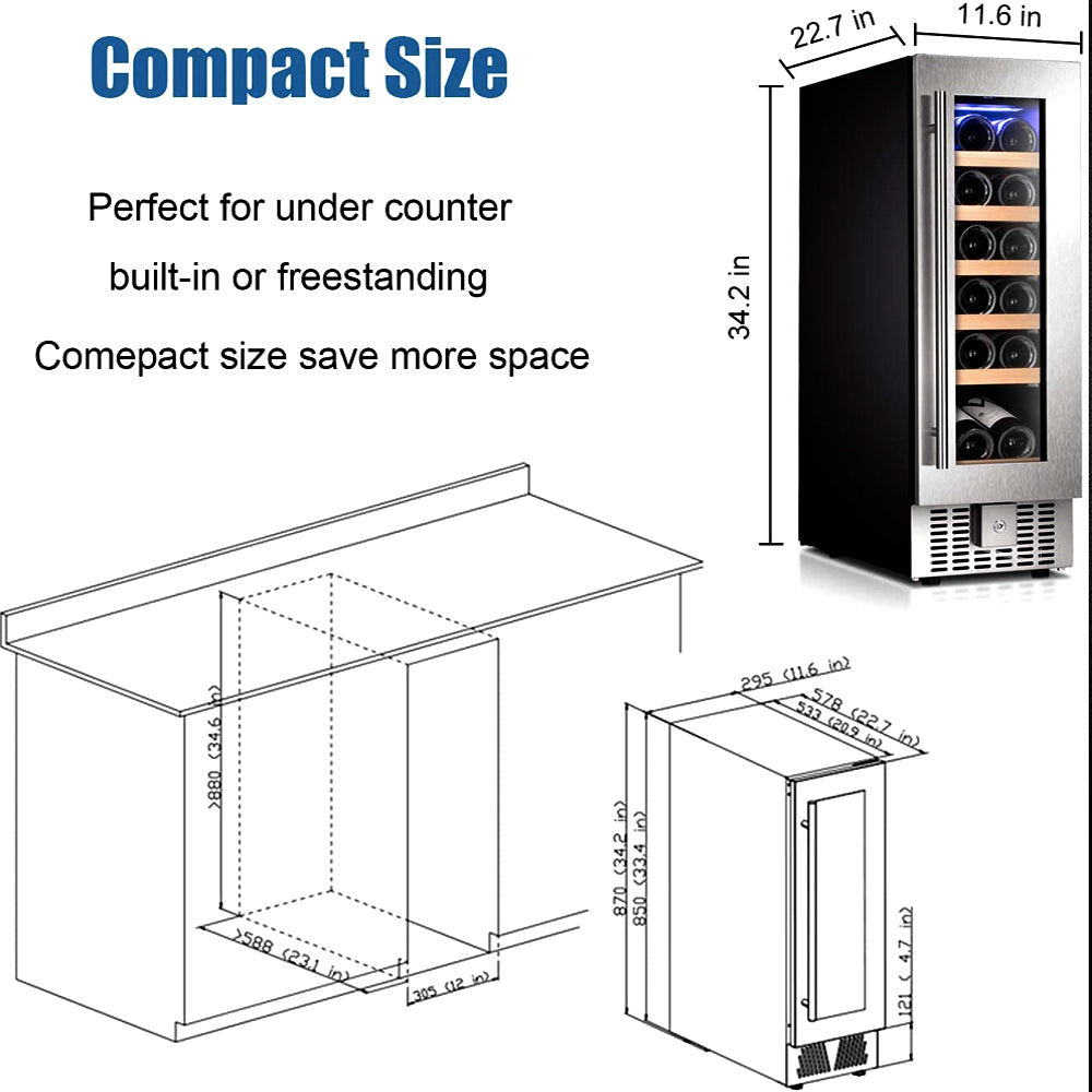 12" Wine Cooler 18 Bottle Stainless Steel Fridge Chiller With Digital Temperature display Champagne Beverage Cooling Refrigerator Black Silver