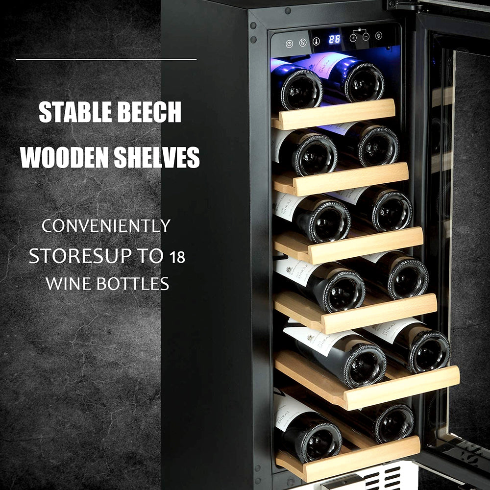 12" Wine Cooler 18 Bottle Stainless Steel Fridge Chiller With Digital Temperature display Champagne Beverage Cooling Refrigerator Black Silver