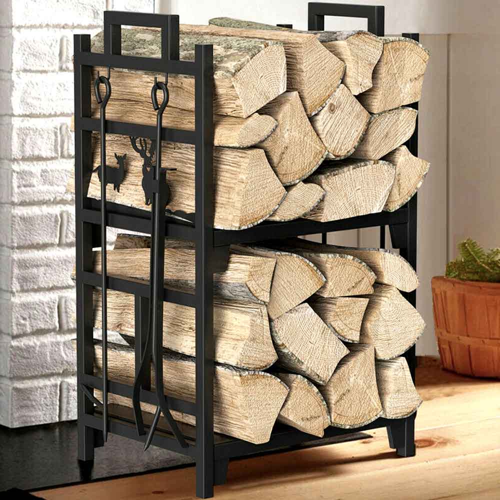 Black Metal Wood Log Storage Rack Stand Fireplace Firewood Holder