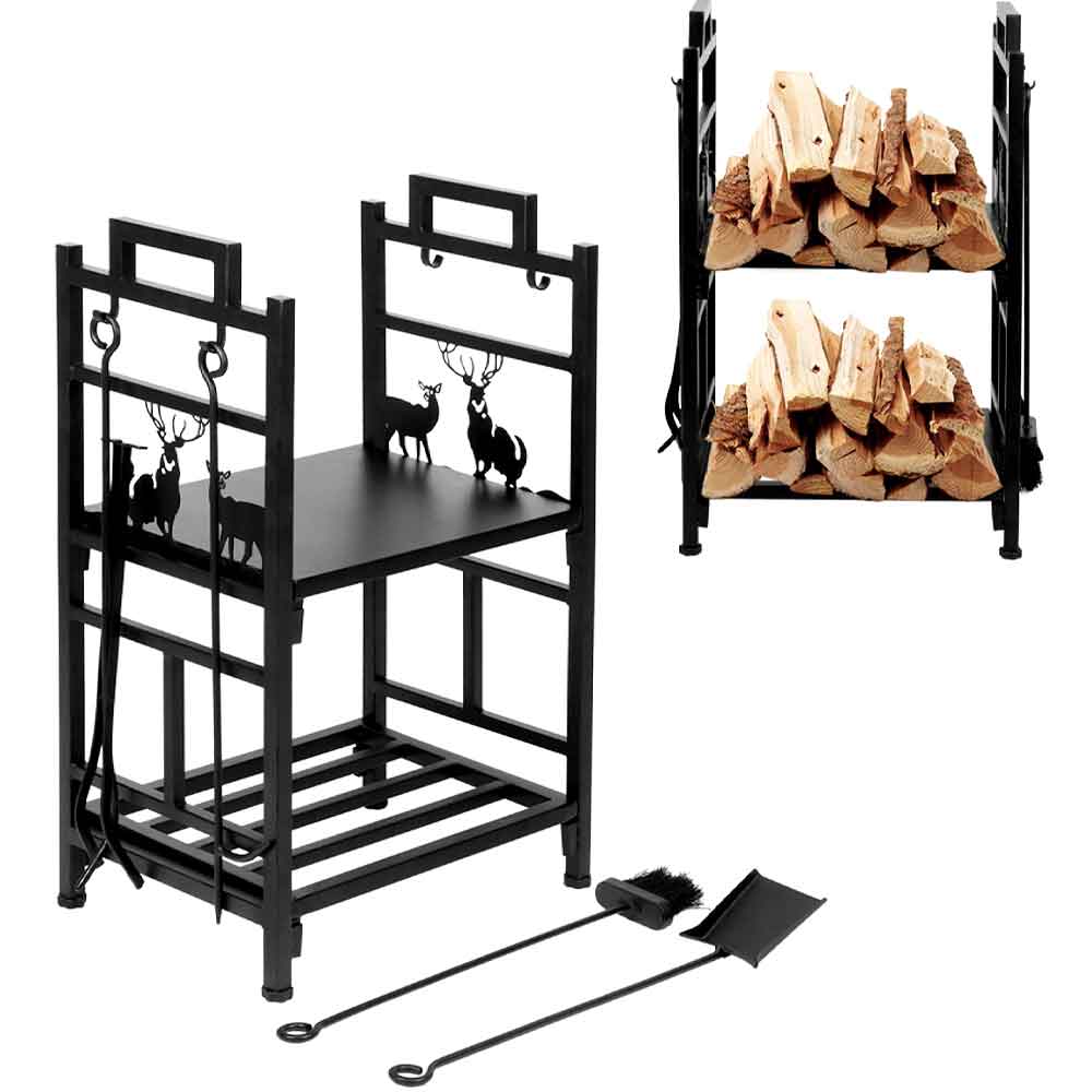 Indoor Firewood Holder 2-Layer Christmas Deer Wood Racks With Shovel Poker Tongs Brush Black Indoor Outdoor Wood Rack Holder