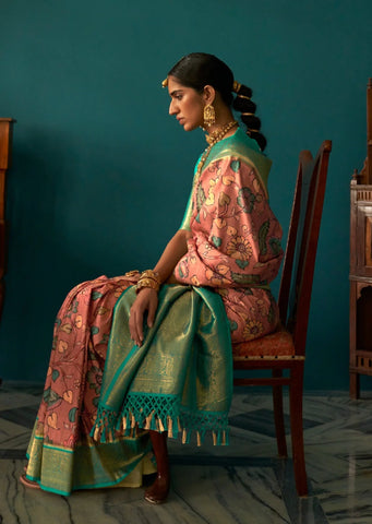 Peachy Pink Kalamkari Saree with Banarasi Border