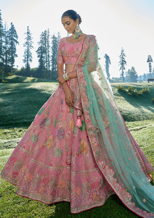 Wedding Designer Pink Pure Chinon Silk Lehenga Choli - VIRASAT - 3813260