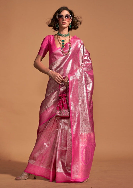 Shop Pastel Pink Kanjivaram Silk Saree Online in USA| Purple Zari Border –  Pure Elegance