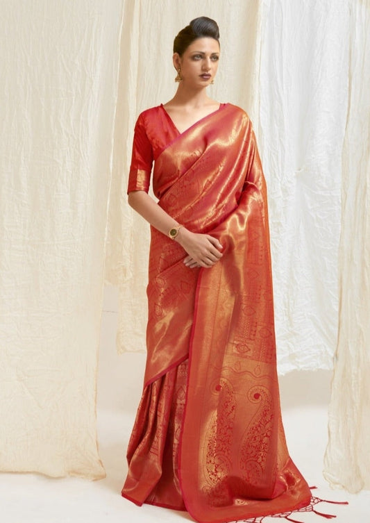 Nirmal Creations Pure Red Gold Kanjeevaram Saree With Blouse Piece - Nirmal  Creations | Nirmal Creations
