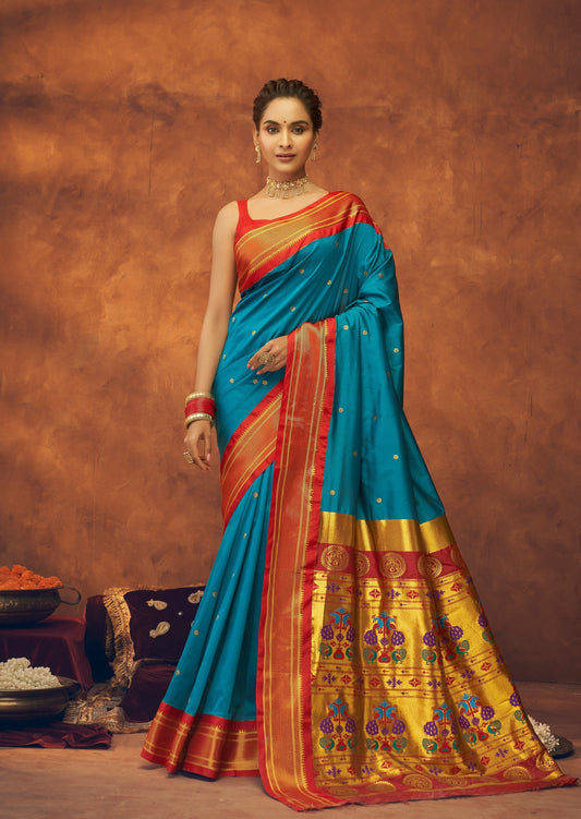 Handloom Paithani Silk Sapphire Blue Saree Online Shopping – Sunasa