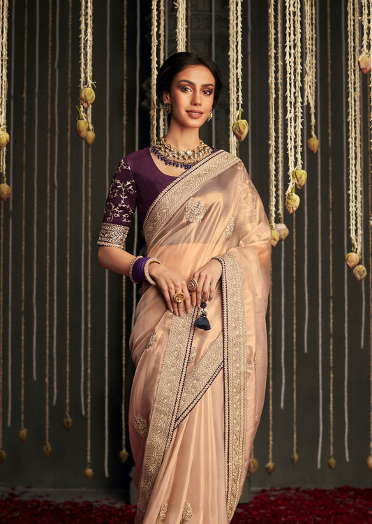 Glittering Peach Organza Silk Saree With Susurrous Blouse Piece –  LajreeDesigner