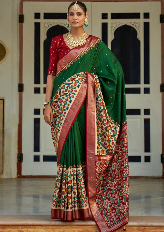 Magenta and Cream color Georgette sarees with all over aari mirror work  with cutwork style patched