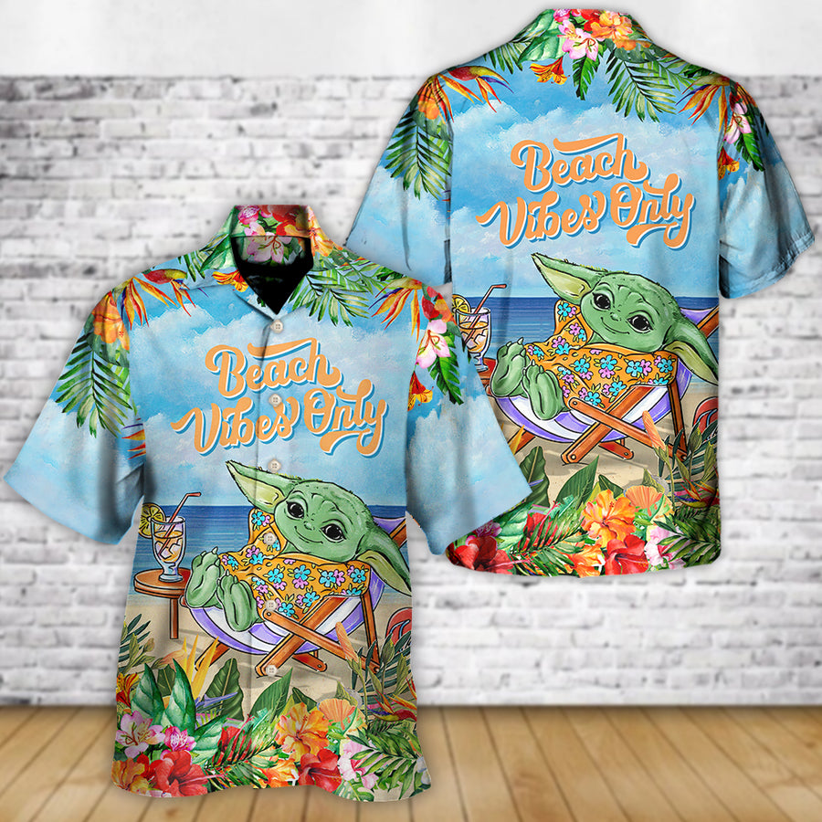 Disney Star Wars Hawaiian Shirt Summer Beach Starwars Cartoon Baby Yoda Beach Vibes Only Aloha Button Up Shirt - 90scloth