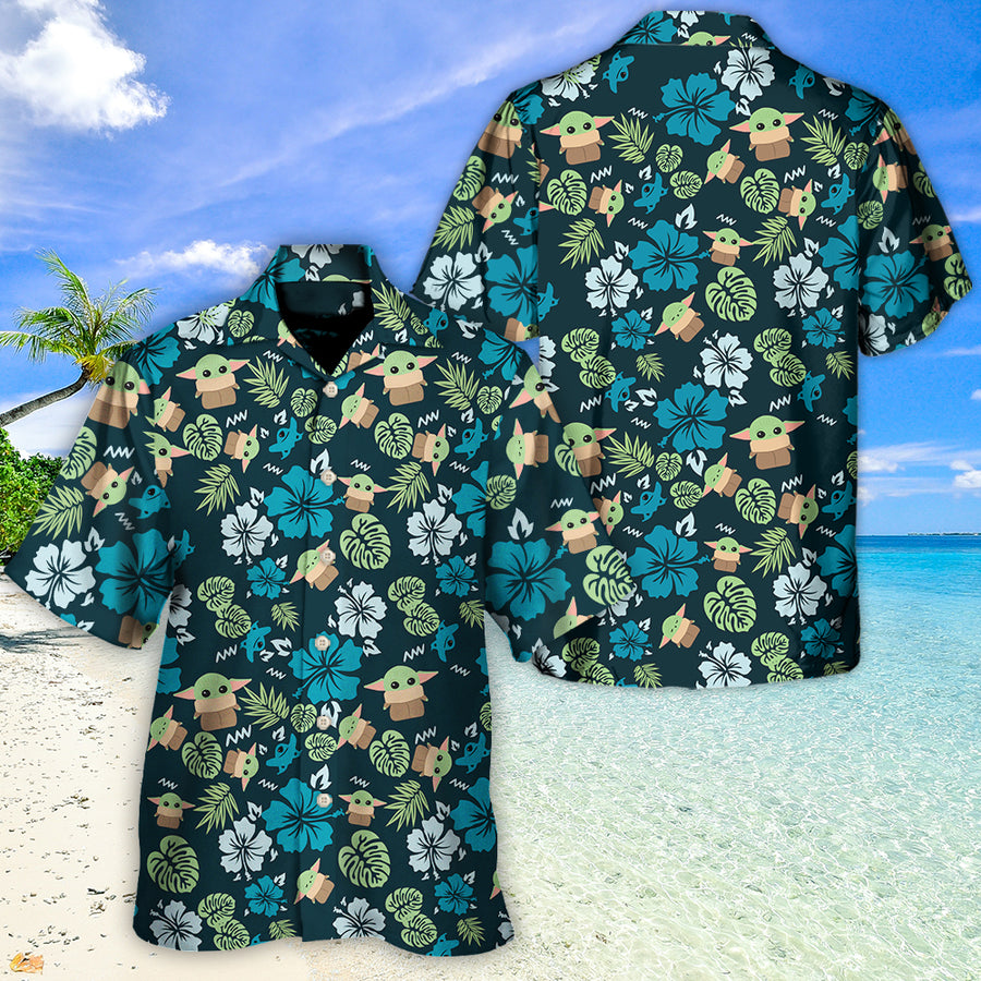 Disney Star Wars Hawaiian Shirt Summer Beach Starwars Grogu Baby Yoda Tropical Leaves Aloha Button Up Shirt - 90scloth