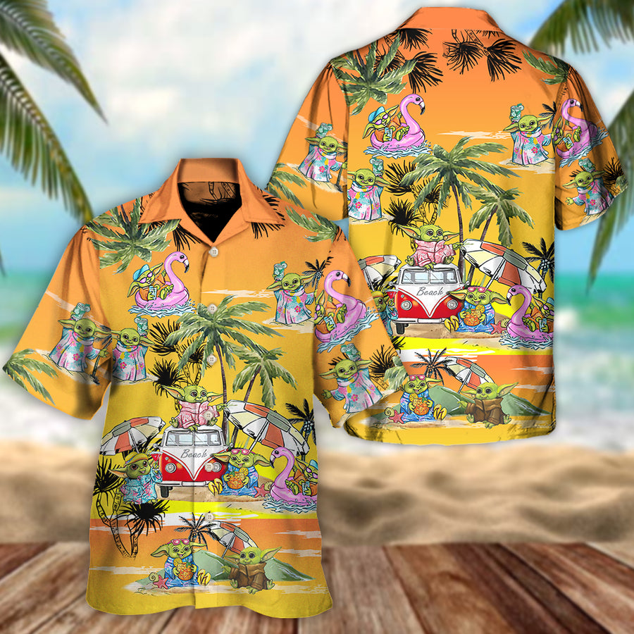 Disney Star Wars Hawaiian Shirt Summer Beach Starwars Cartoon Baby Yoda Orange Aloha Button Up Shirt - 90scloth