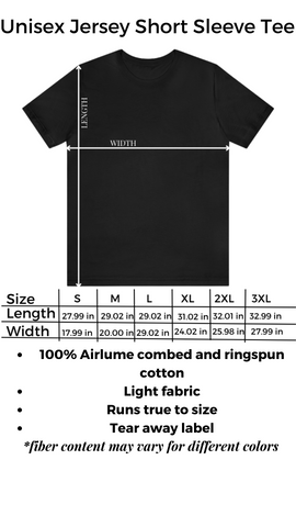 Sizing chart for unisex t-shirt 