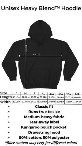 Sizing chart for hoodie with kangaroo pouch and drawstring hood