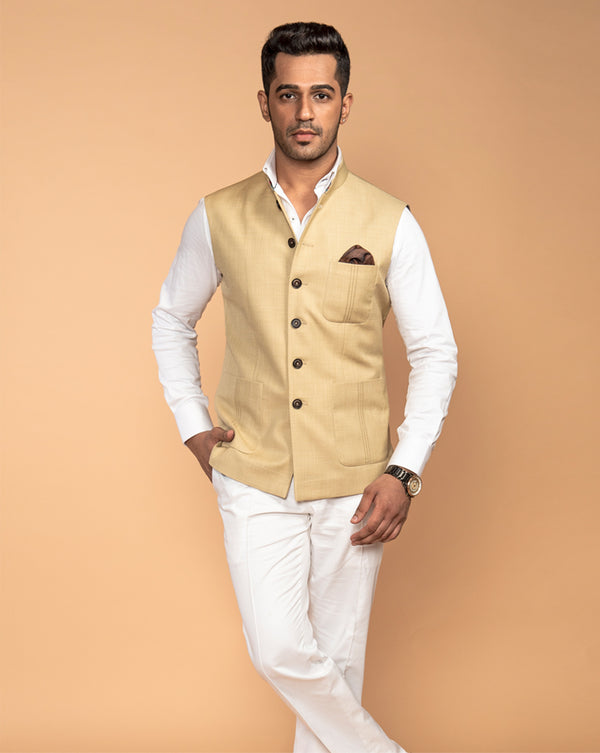 Blend Woven Nehru Jacket In Gold Colour